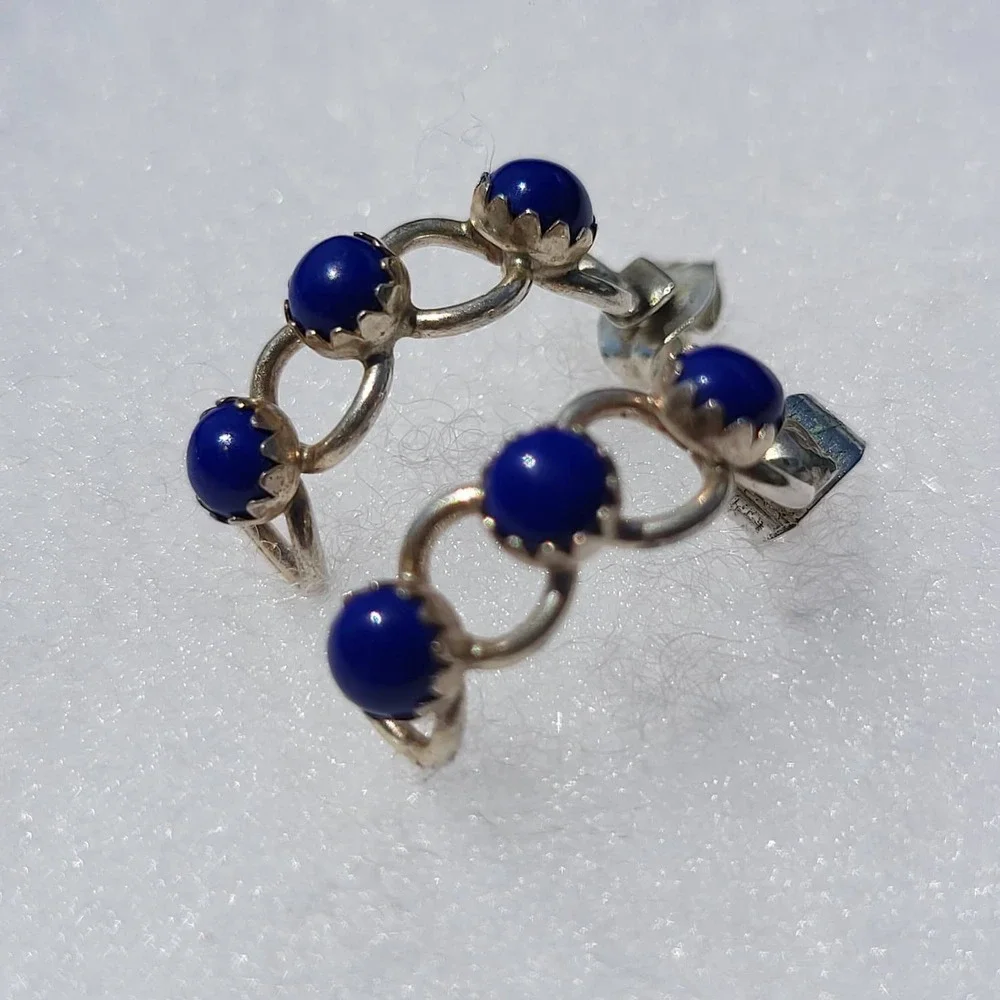 Vintage 925 Sterling Silver Lapis Lazuli J-Hoop Earrings Blue Cabochon Small